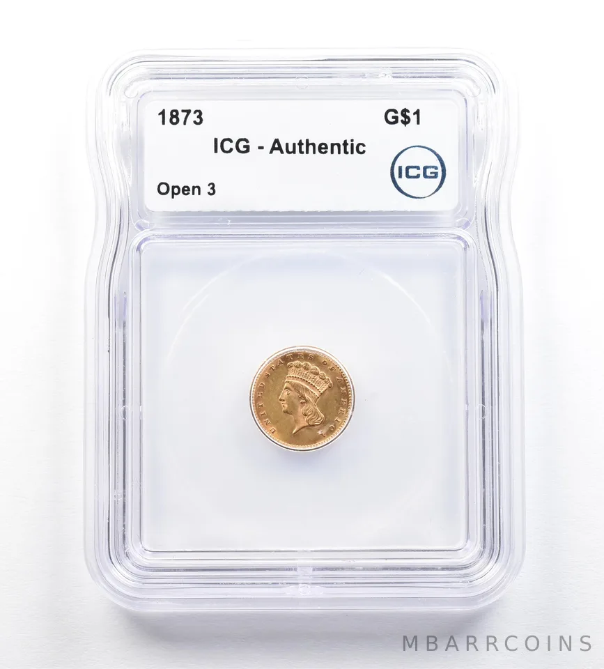 1873 $1 Indian Princess Head Gold Dollar Piece Open 3 Authentic ICG *0383