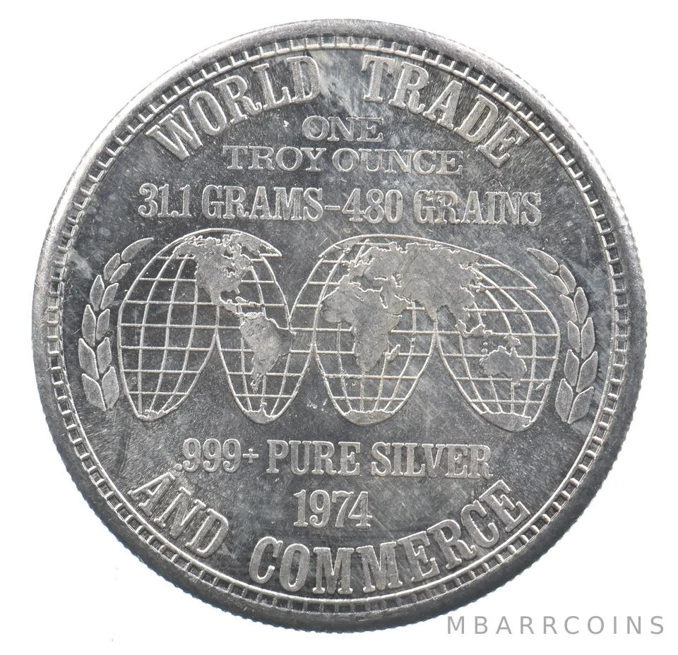VINTAGE Art Bar/Round 1974 World Trade and Commerce 1 Oz. Silver 1 T Ounce *235