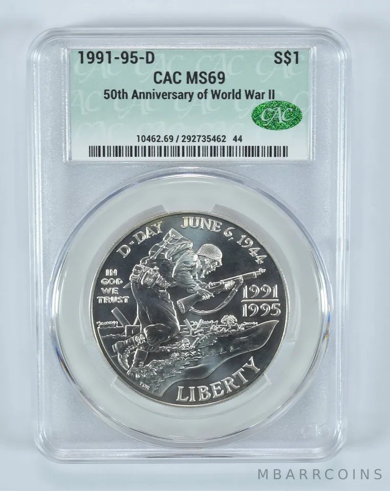 1991-95-D World War II Commemorative Silver Dollar MS69 CAC CACg