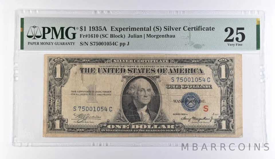 1935 A $1 Experimental (S) Silver Certificate Fr#1610 VF 25 PMG *9425