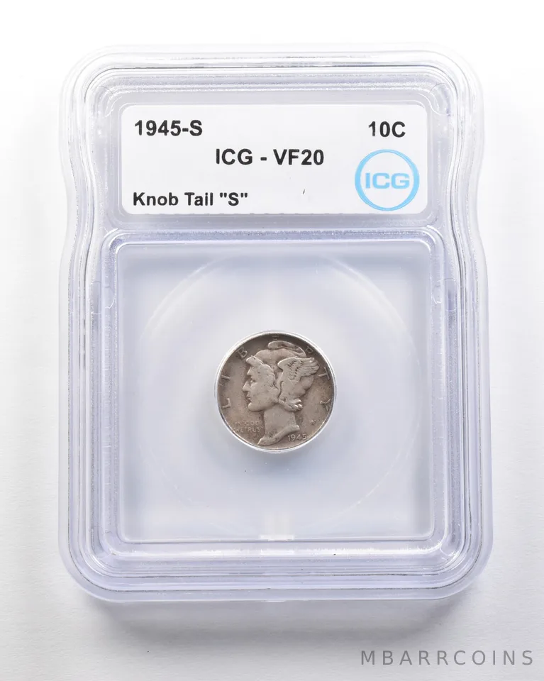 1945-S Mercury Dime Mint Error Knob Tail "S" VF20 ICG *1686