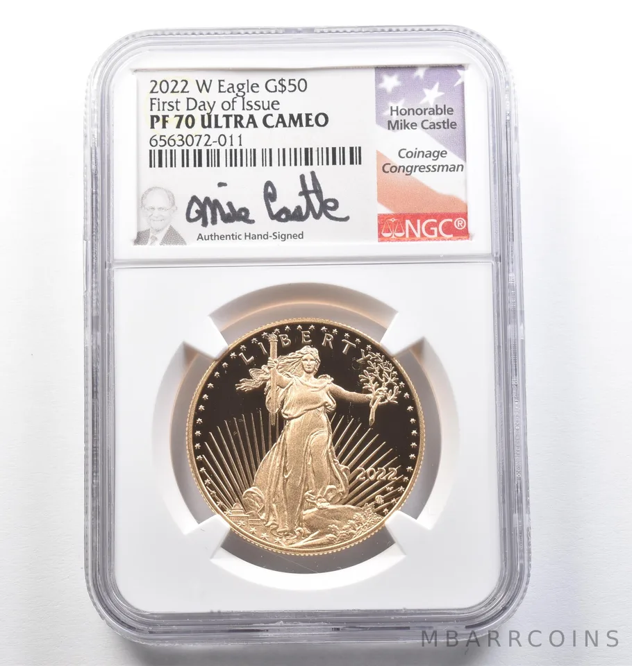 2022-W $50 American Gold Eagle FDOI Mike Castle 1 Oz Gold PF70 UCAM NGC *9491