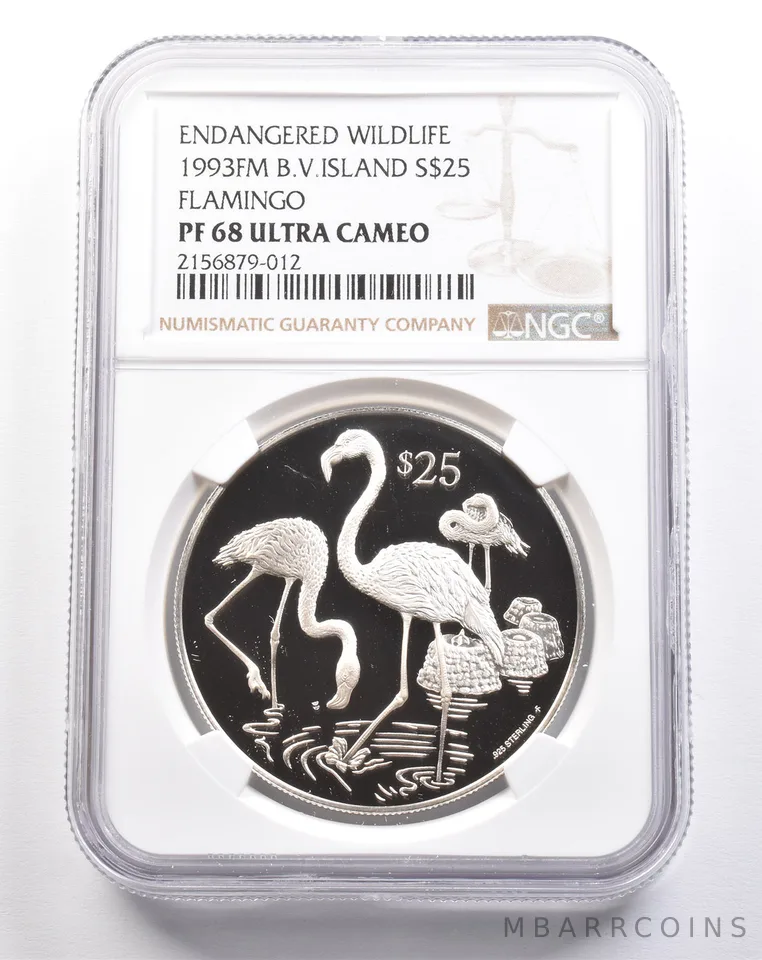 1993 FM British Virgin Islands 25 Dollars Silver Flamingos PF68 UCAM NGC *4934