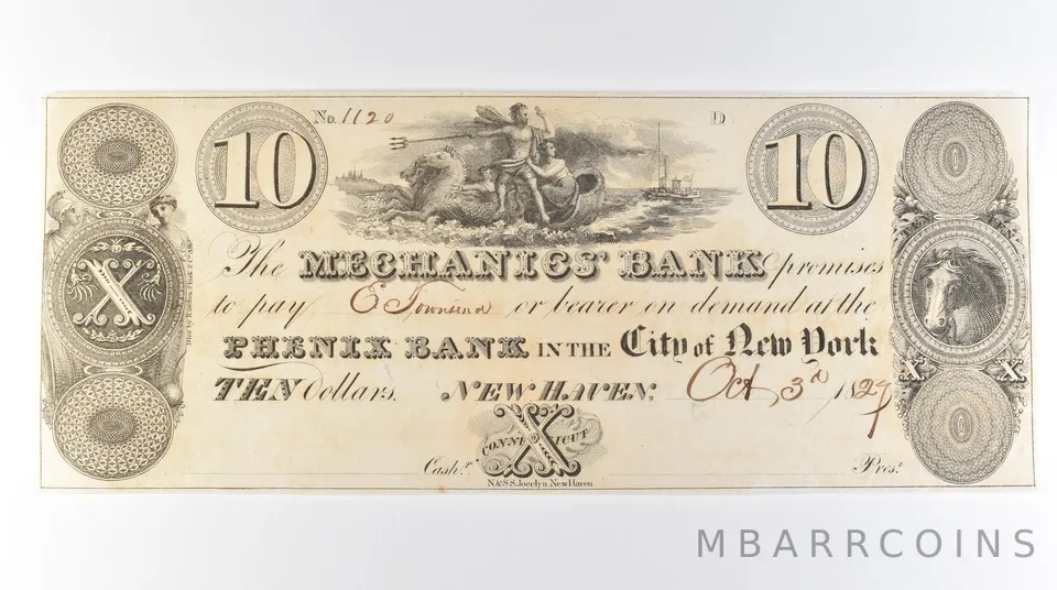 1824 $10 New Haven CT Mechanics Bank Obsolete Currency *9693