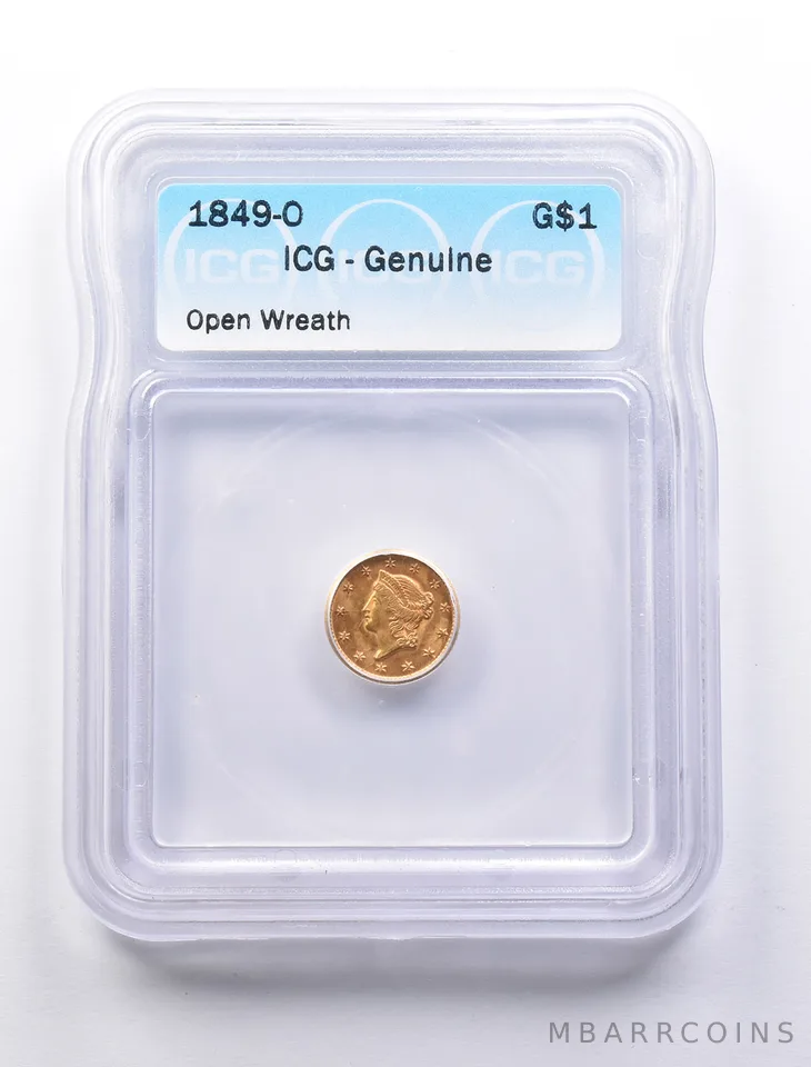 Genuine 1849-O $1 Liberty Head Gold Dollar Open Wreath ICG a1279
