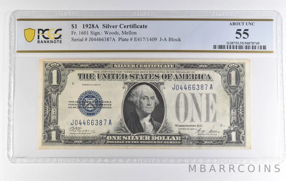 1928 A $1 Silver Certificate Fr#1601 About Unc 55 PCGS a3867