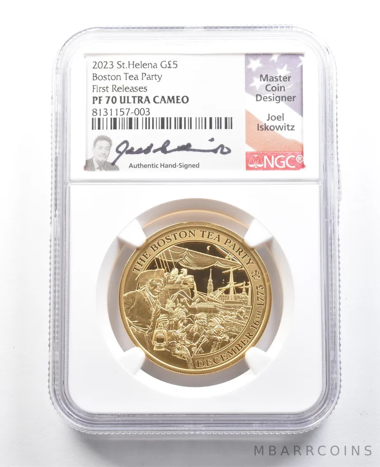 2023 St Helena 5 Pound Gold Boston Tea Party Joel Iskowitz FR PF70 NGC *5472