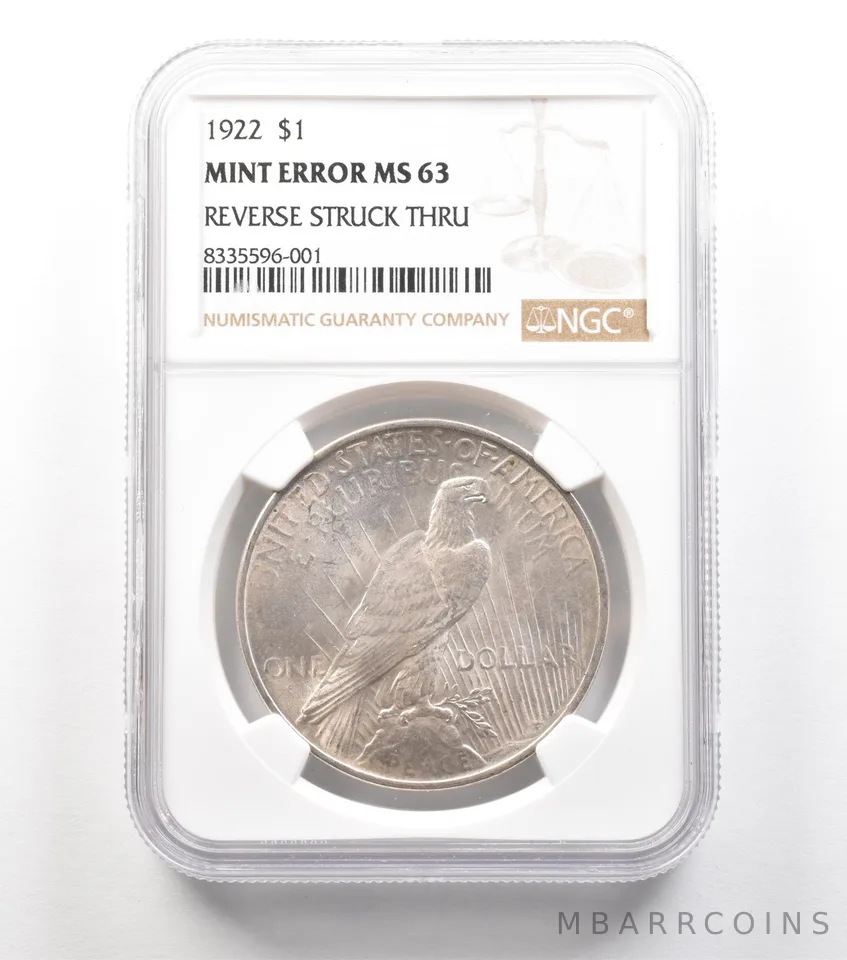 1922 Peace Silver Dollar Mint Error Reverse Struck Thru MS63 NGC a4573