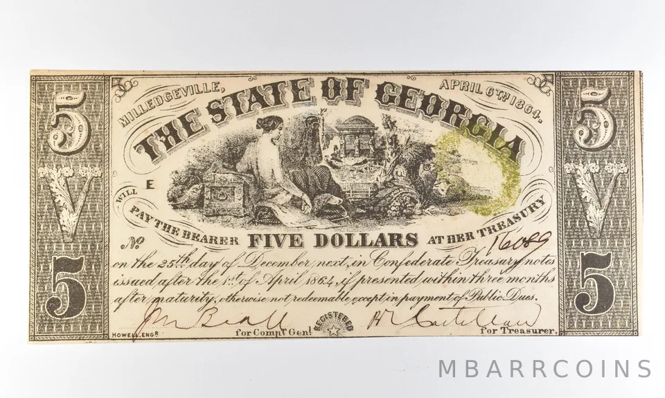 1864 $5 Milledgeville GA Obsolete Note *8325