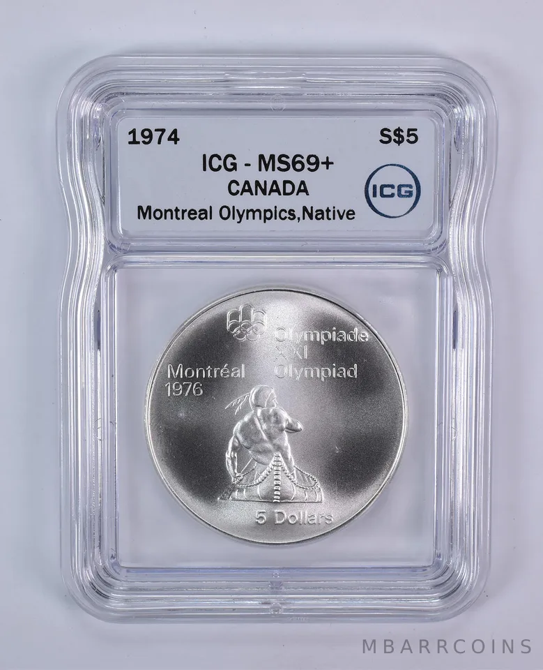 1974 Canada 5 Dollars Silver Montreal Olympics Native Canoe MS69+ ICG