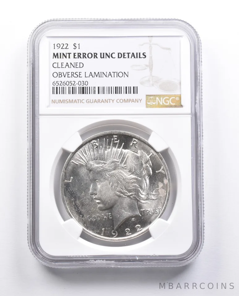 UNC Details 1922 Peace Silver Dollar Error OBV Lamination Cleaned NGC *6672