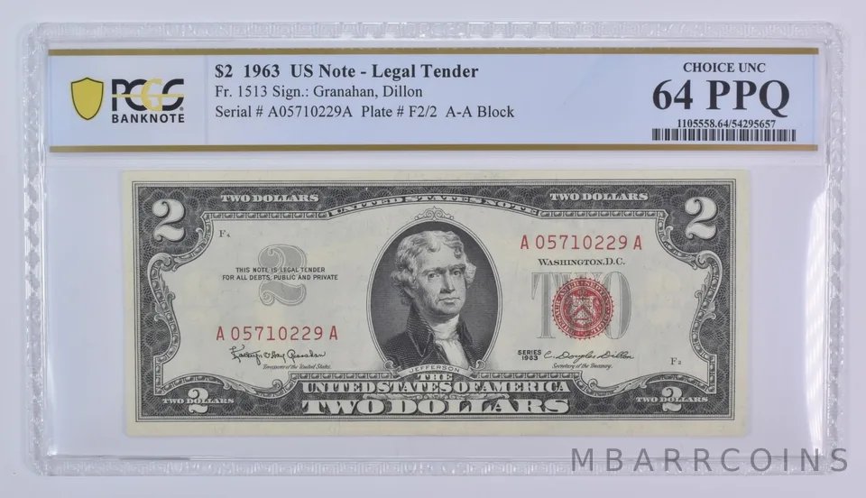 1963 $2 US Legal Tender Fr#1513 Choice Unc 64 PPQ PCGS