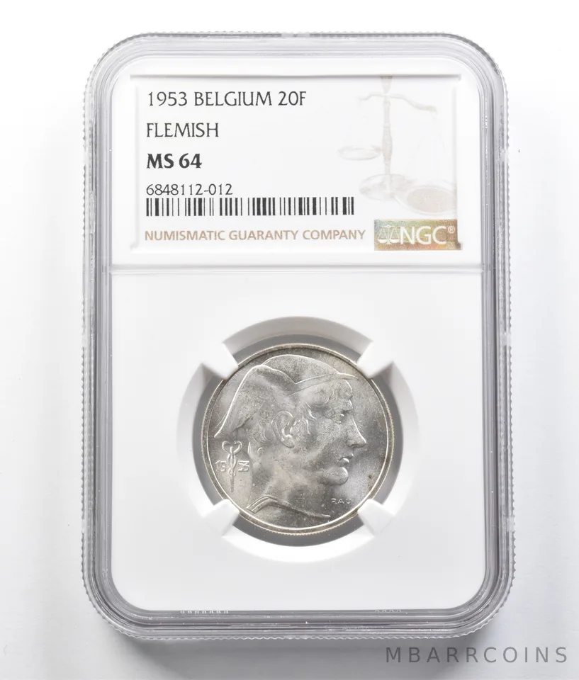 1953 Belgium 20 Francs Flemish MS64 NGC *7014