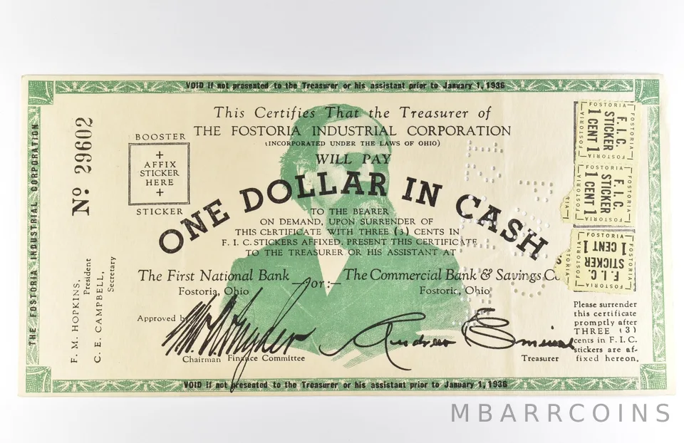 1936 $1 Fostoria OH Industrial Corporation Obsolete Note *8569