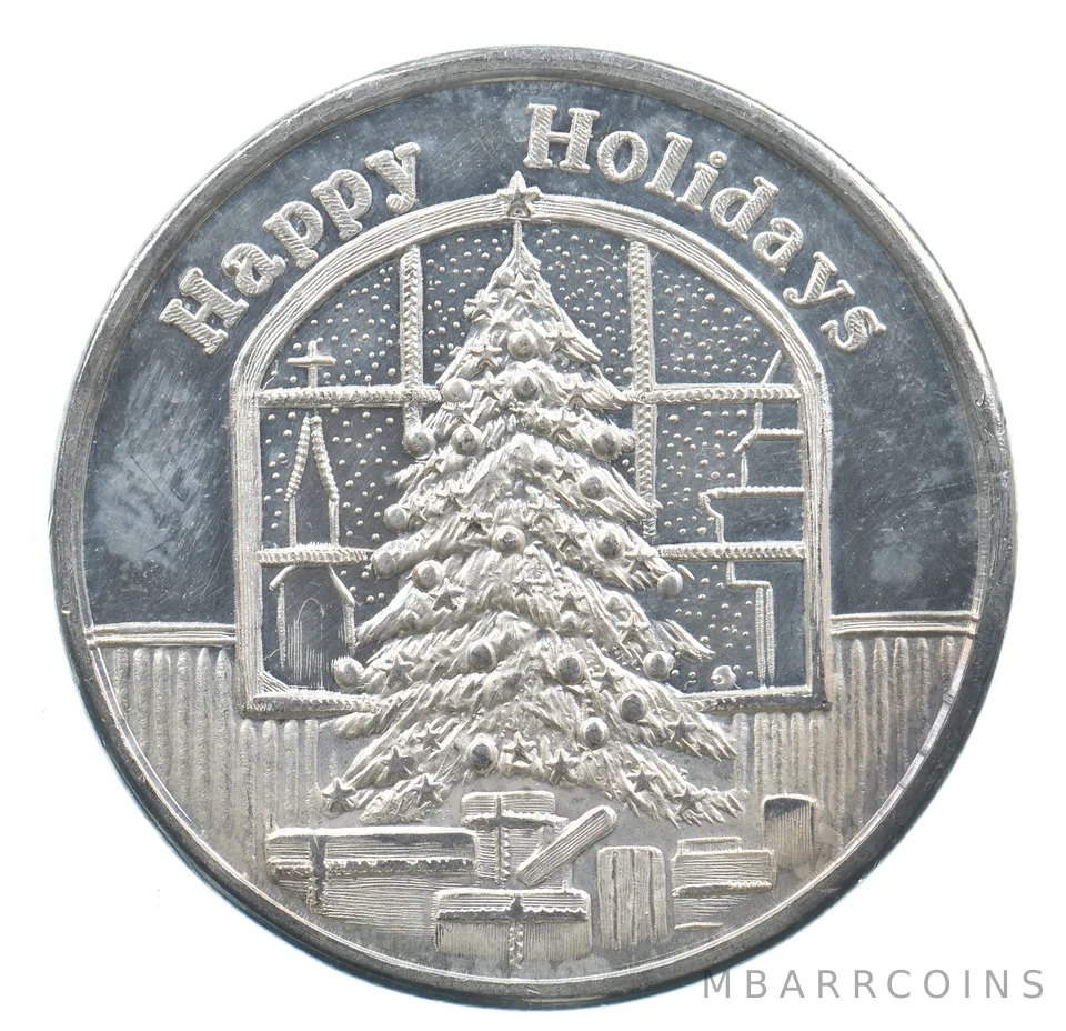 VINTAGE Art Bar/Round Happy Holidays Christmas Tree 1 Oz. Silver 1 T Oz *188