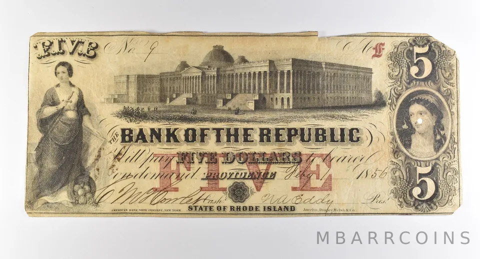 1855 $5 Providence RI Bank Of The Republic Obsolete Note *3781