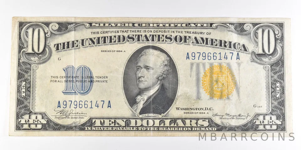 Fr.2309 1934A $10 Silver Certificate Yellow Seal "North Africa", AU *7624