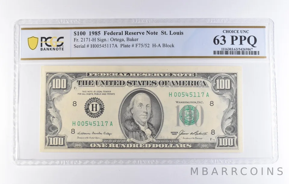 1985 $100 St Louis MO FRN Fr#2171-H Choice Unc 63 PPQ PCGS *8263