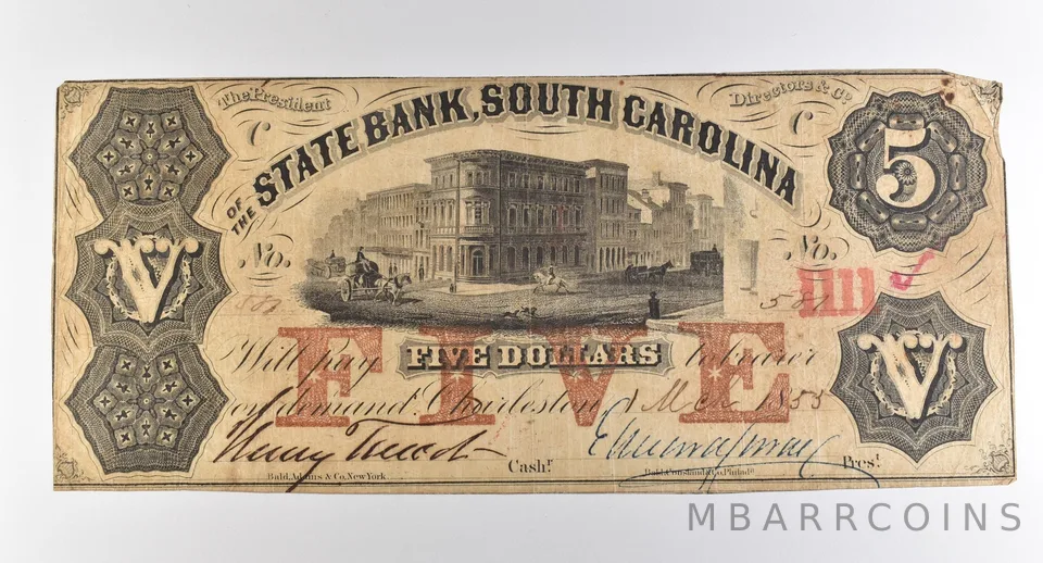 1853 $5 Charleston SC State Bank Of South Carolina Obsolete Note *3866