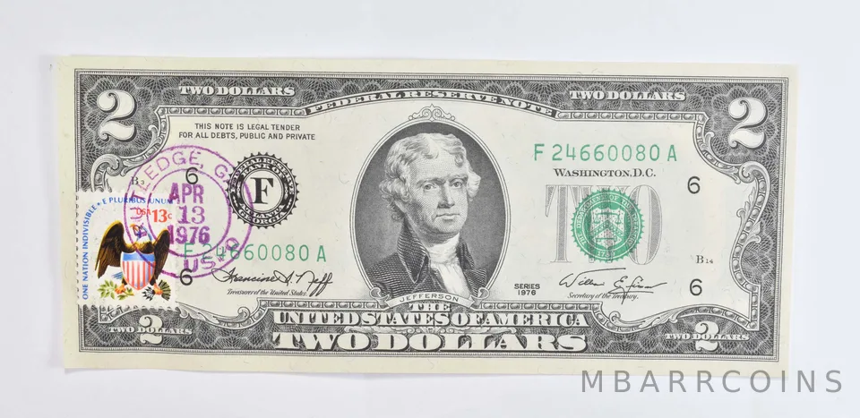 $2 1976 FRN Note First Day of Issue Federal Reserve Note FRN - Stamped