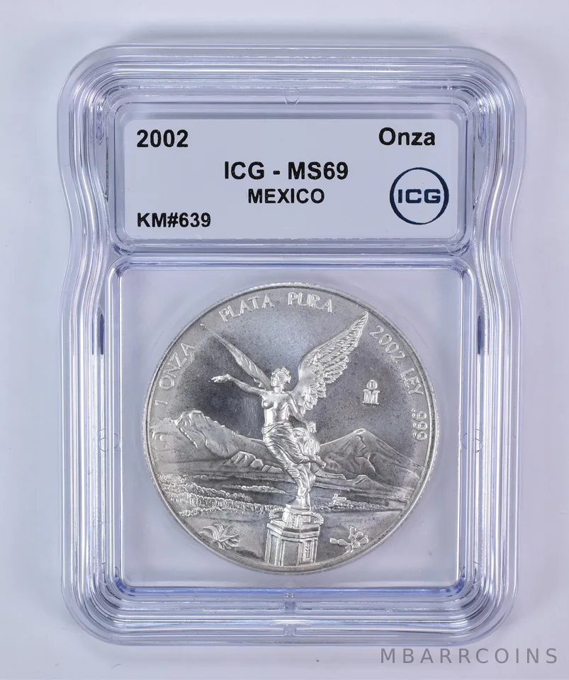 2002 Mo Mexico 1 Onza Silver Libertad KM#639 MS69 ICG