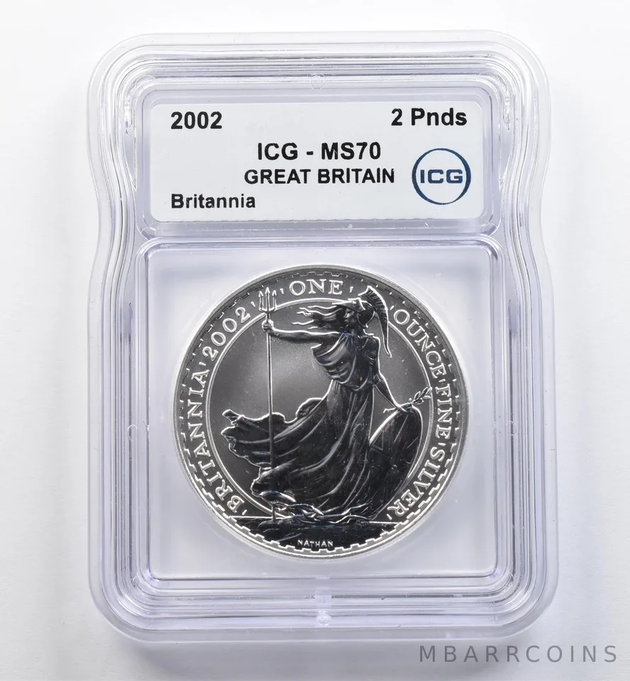 2002 Great Britain 2 Pound Silver Britannia MS70 ICG *9056