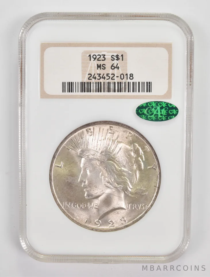 MS64 1923 Peace Silver Dollar CAC NGC a0050