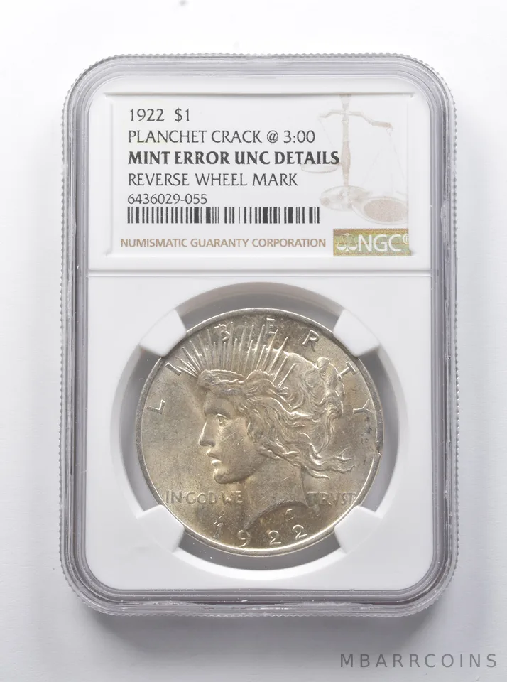 Err UNC Dtls 1922 Peace Silver $1 Planchet Crack @ 3:00 REV Wheel Mark NGC *7909