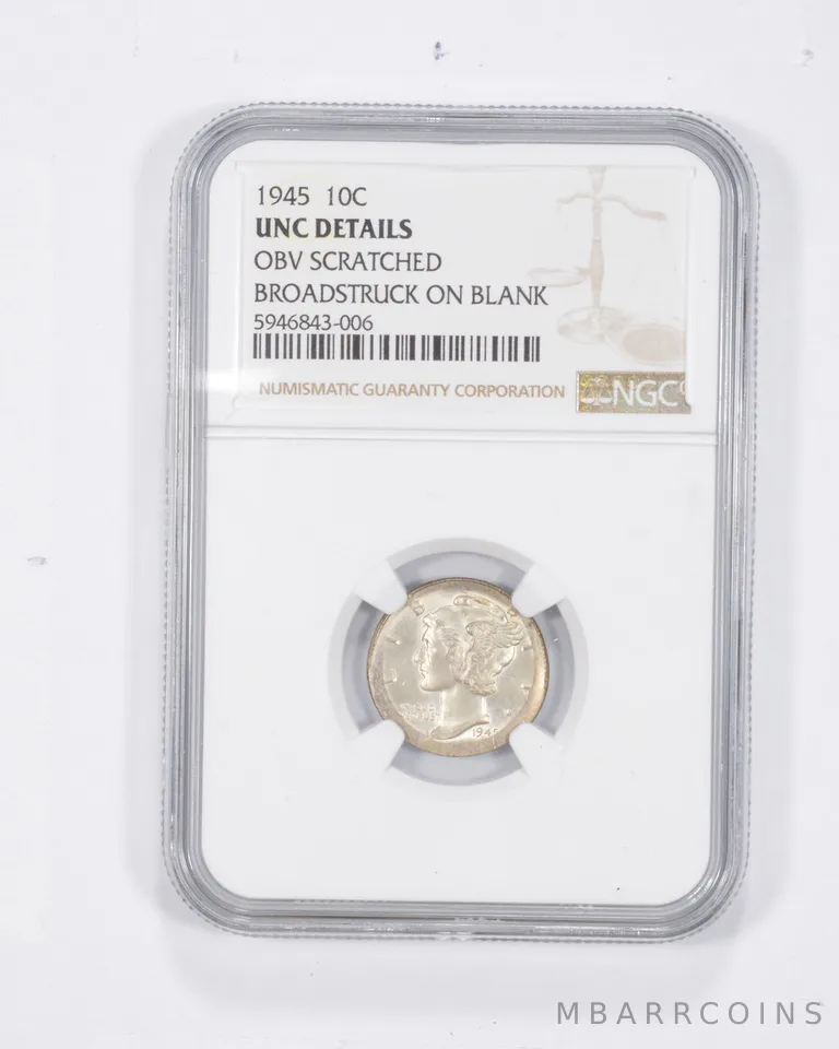 UNC Details 1945 Mercury Dime - OBV Scratched - Broadstruck On Blank - NGC *3077