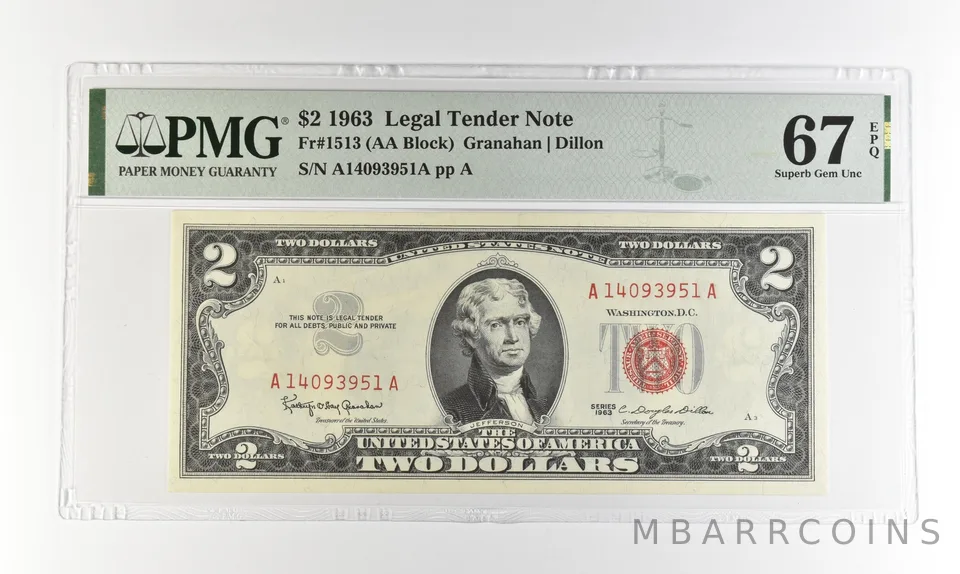 1963 $2 Legal Tender Red Seal Fr#1513 Superb Gem Unc 67 EPQ PMG a4520