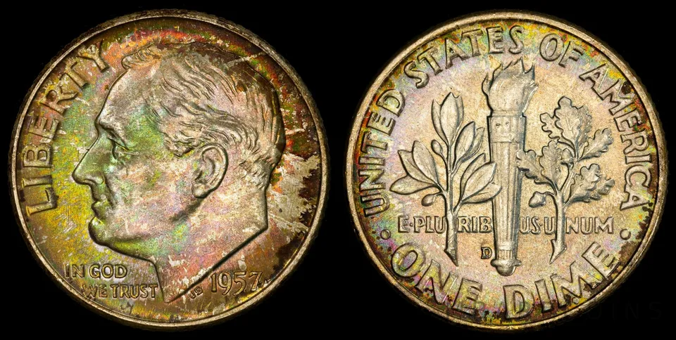 1957-D Roosevelt Dime MS67 FB PCGS INSANE Green Color Toned *9134