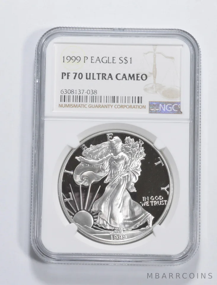 1999-P American Silver Eagle 1 Oz PF70 UCAM NGC Brown Label