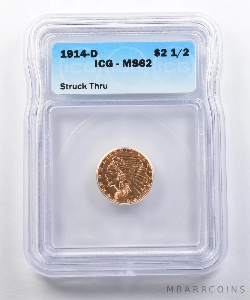 1914-D $2.50 Indian Head Gold Quarter Eagle Struck Thru MS62 ICG a5015