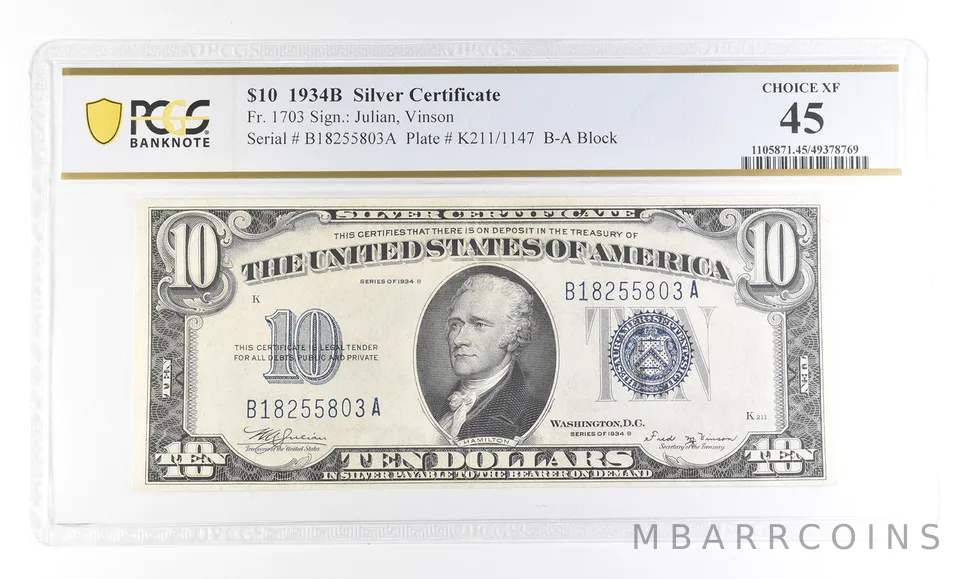1934 B $10 Silver Certificate Fr#1703 Choice XF 45 PCGS a2831