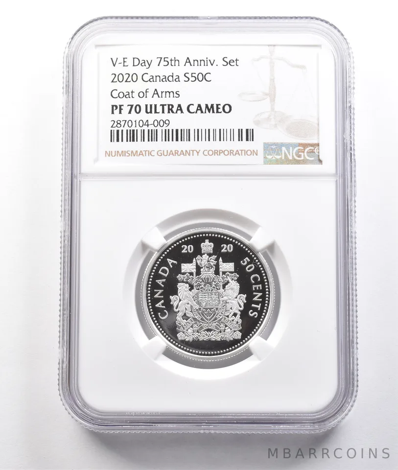 2020 Canada 50 Cents Silver Coat Of Arms VE Day 75th Set PF70 NGC a3798