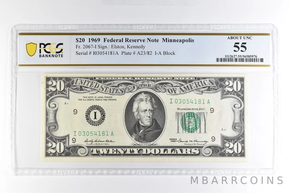 1969 $20 Minneapolis MN FRN Fr#2067-I About Unc 55 PCGS *4998