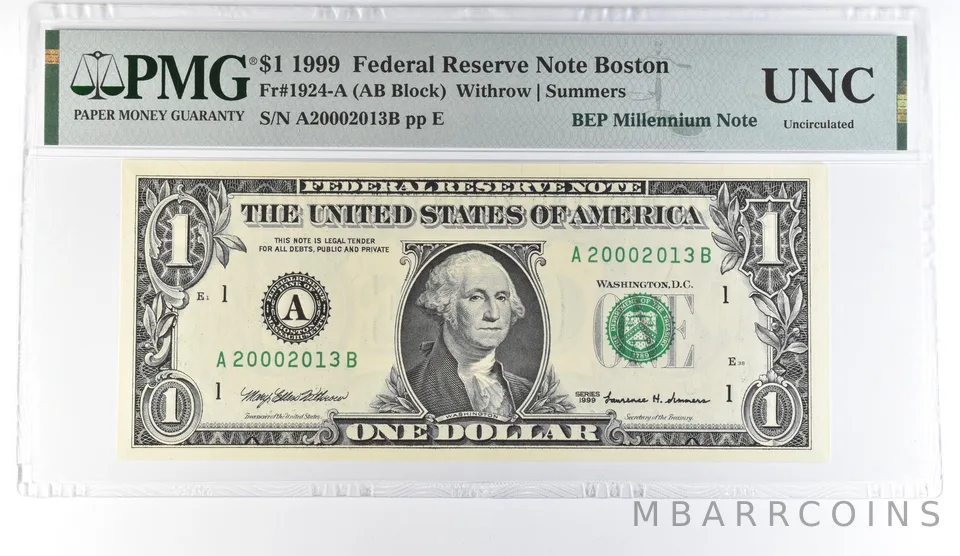 1999 $1 Boston MA FRN Fr#1924-A BEP Millennium Note PMG Fancy Serial *8099