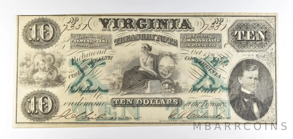 1862 $10 Richmond VA Treasury Note Obsolete Note *8766