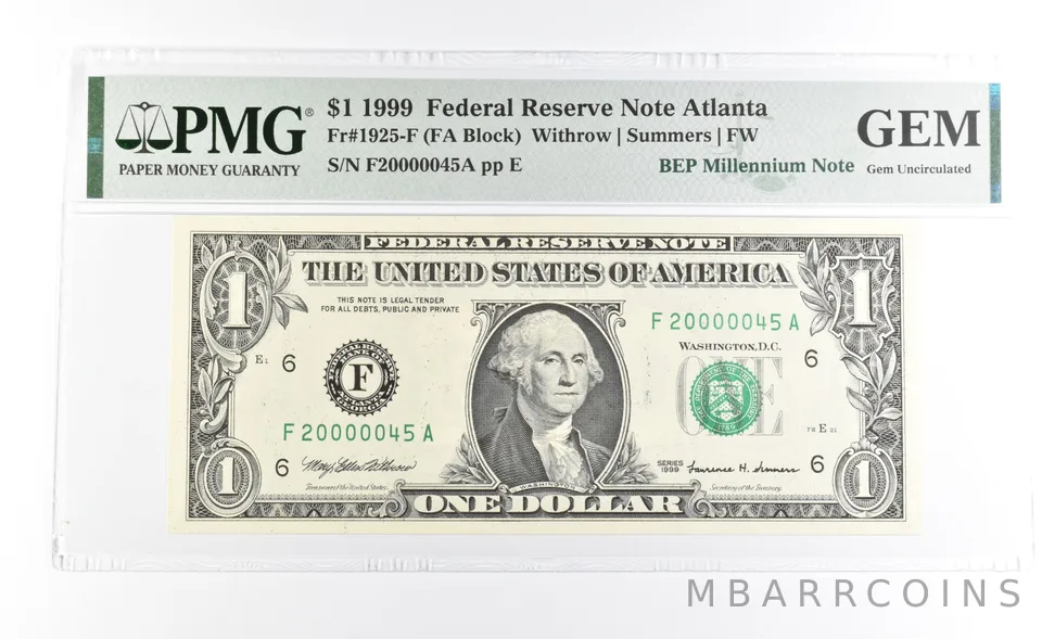 PMG GEM 1999 $1 GA US FRN BEP Millennium Note Fr#1925-F LOW Serial a1040