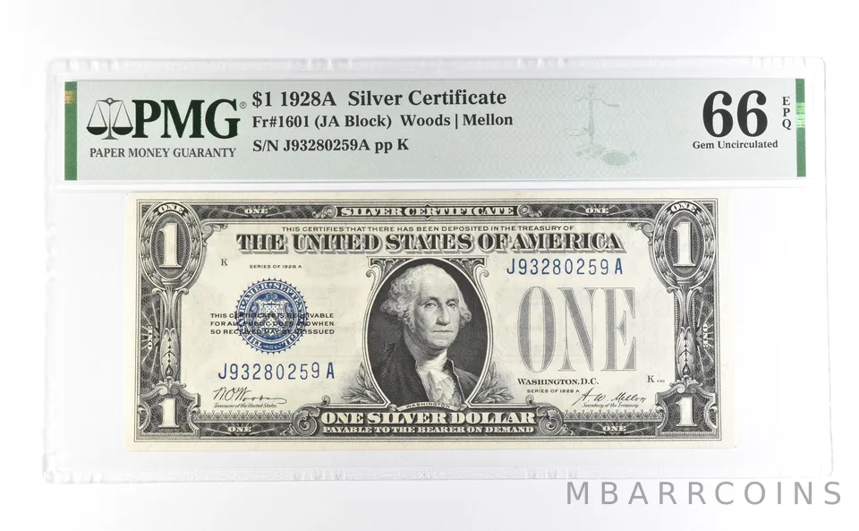 1928 A $1 Silver Certificate Fr#1601 Gem Unc 66 EPQ PMG *7000