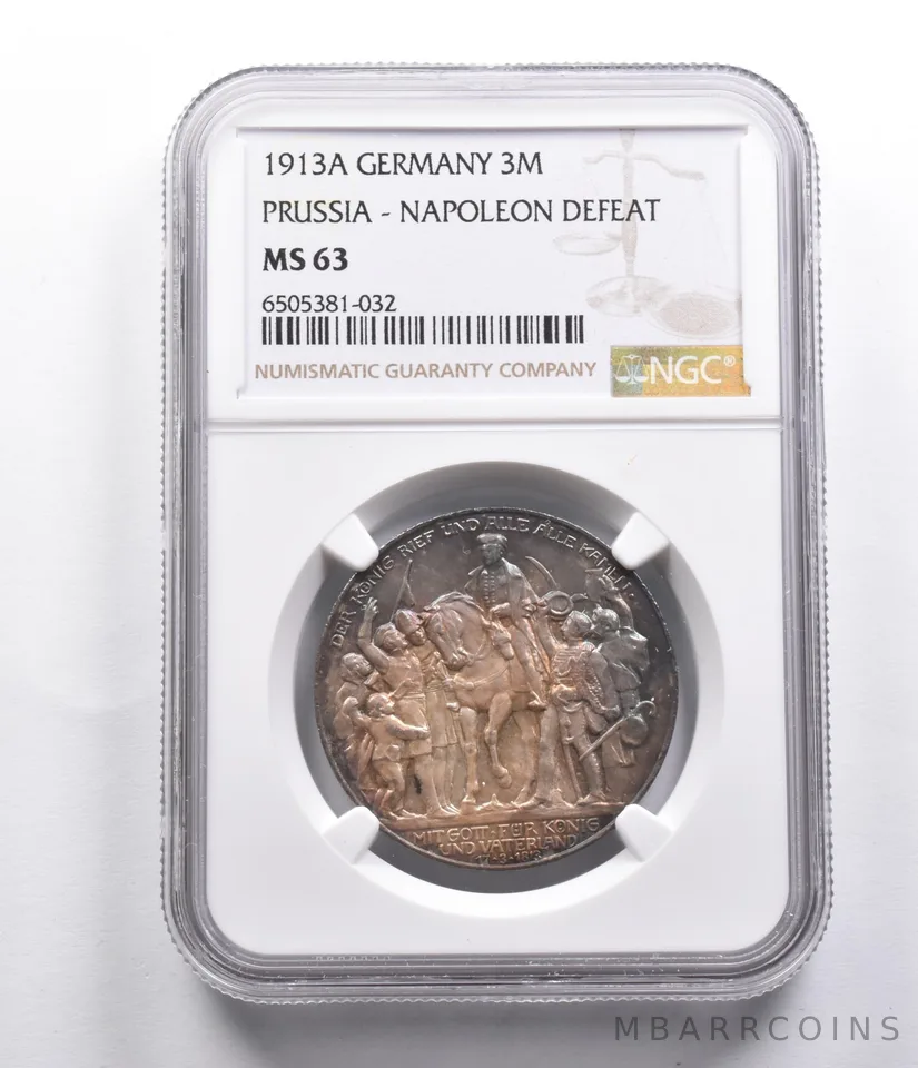 MS63 1913 A Germany 3 Mark Silver Prussia Napoleon Defeat NGC *4042