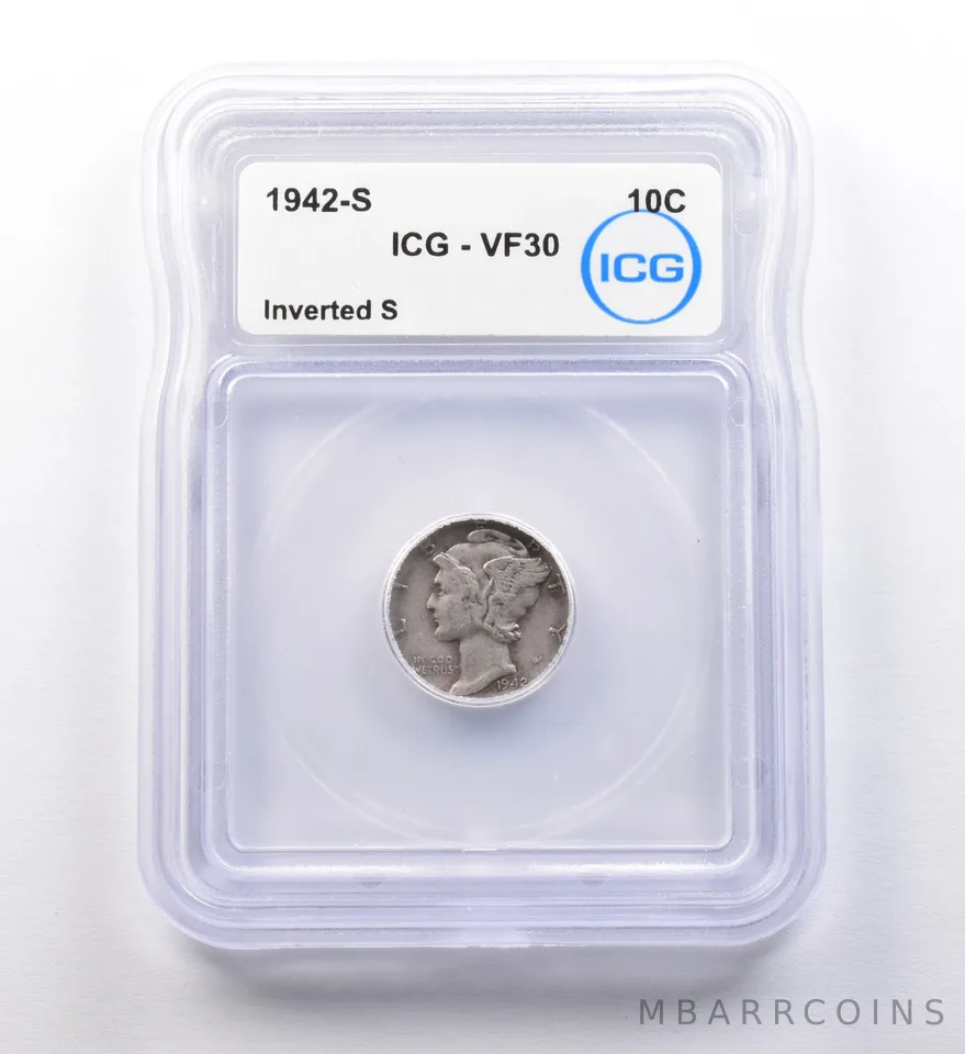 1942-S Mercury Dime Inverted S VF30 ICG a9717