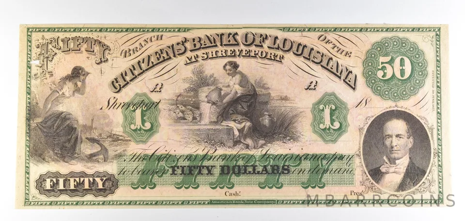 1800s $50 Shreveport LA Citizens Bank Obsolete Note *8838