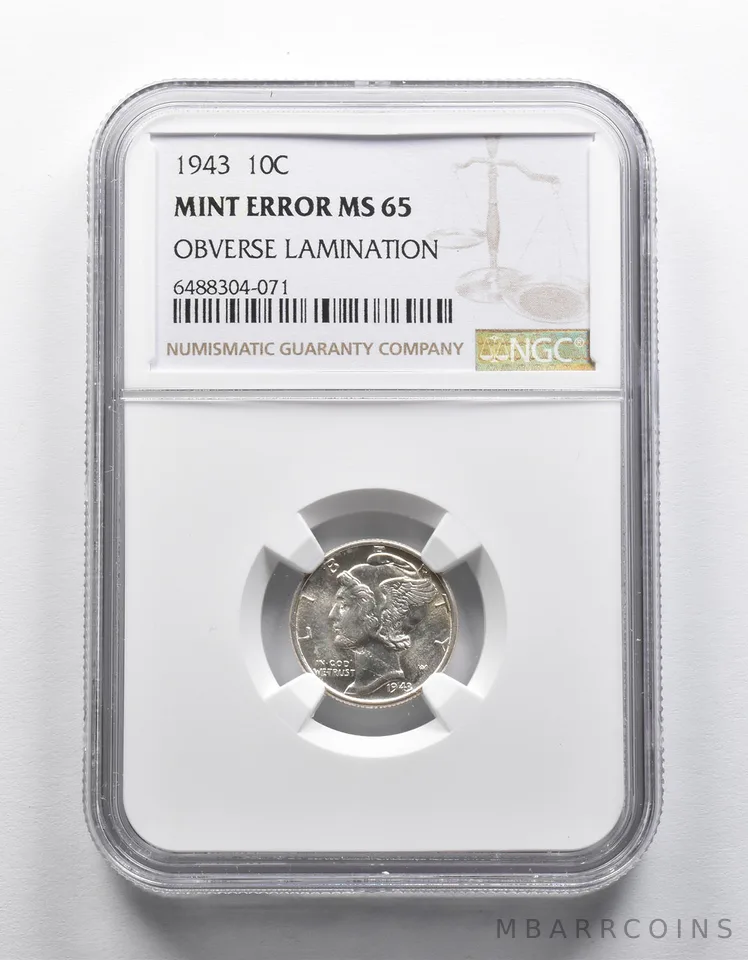 Mint Error MS65 1943 Mercury Dime OBV Lamination NGC a1891