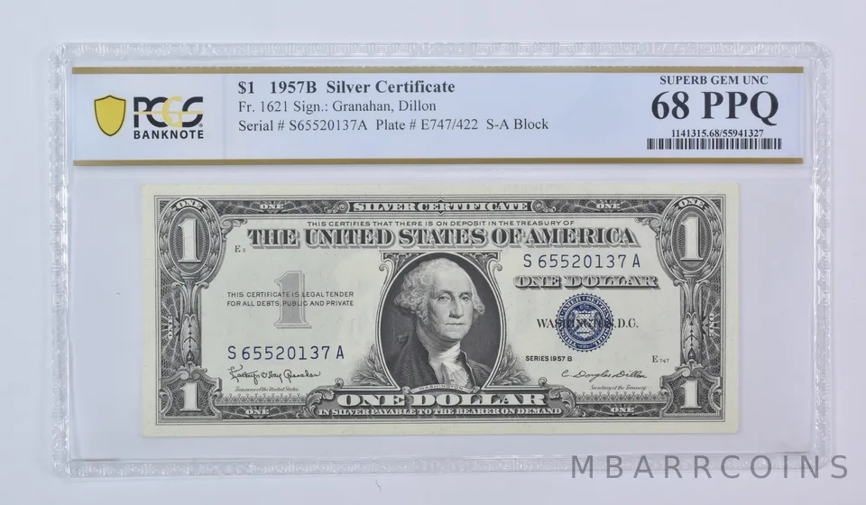 1957 B $1 Silver Certificate Fr#1621 Superb Gem Unc 68 PPQ PCGS