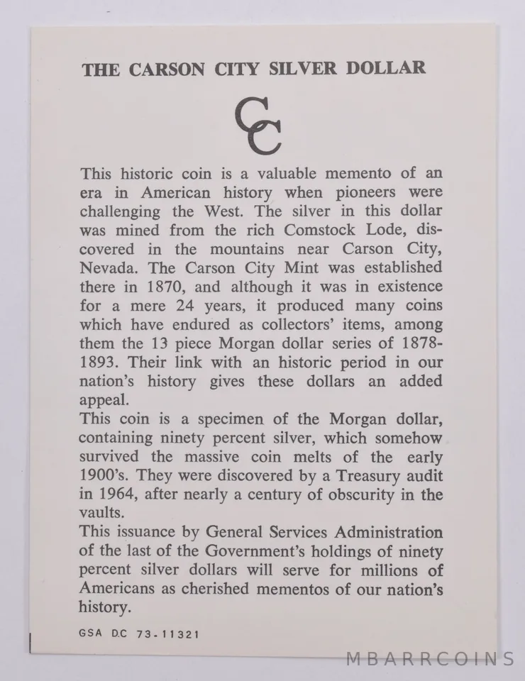 COA GSA Certificate Original Card for Morgan Silver Dollar 73.11321