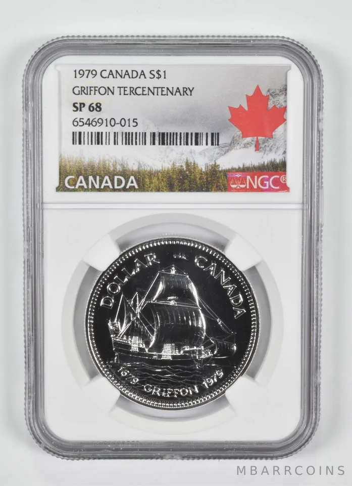 1979 SP68 Canadian $1 Silver Dollar Griffon Tercentenary NGC Canada Lbl