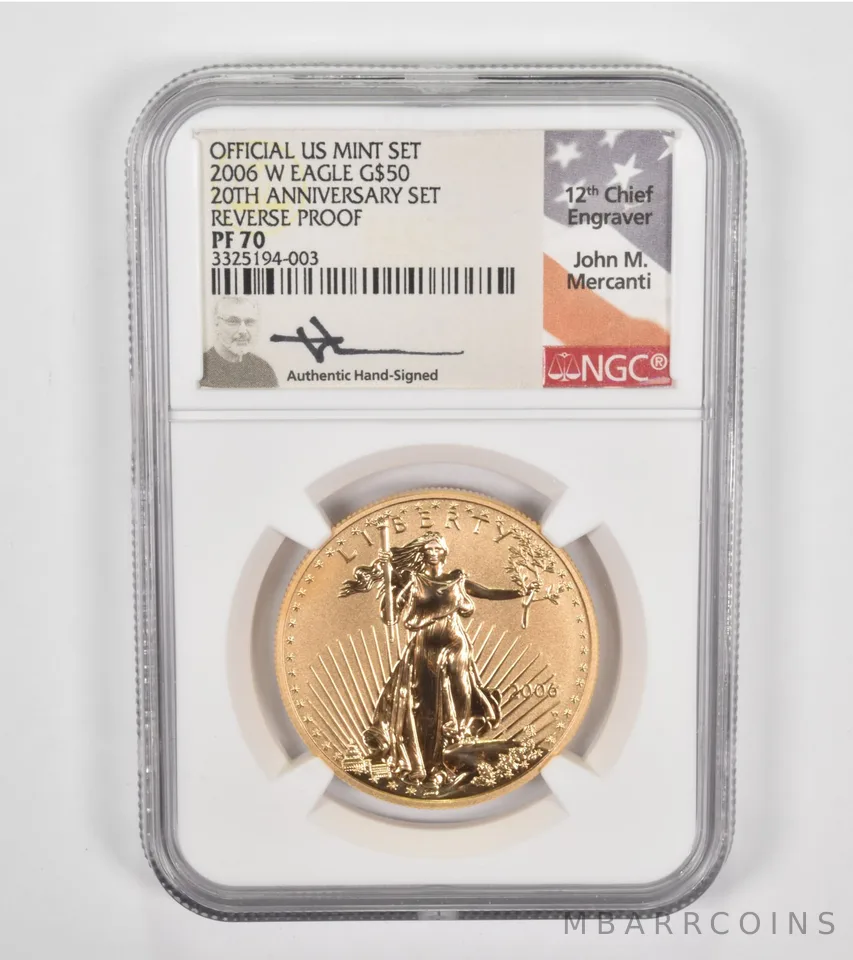 REV PF70 2006-W $50 American 1 Oz Eagle Anniv Signed Mercanti NGC a1394