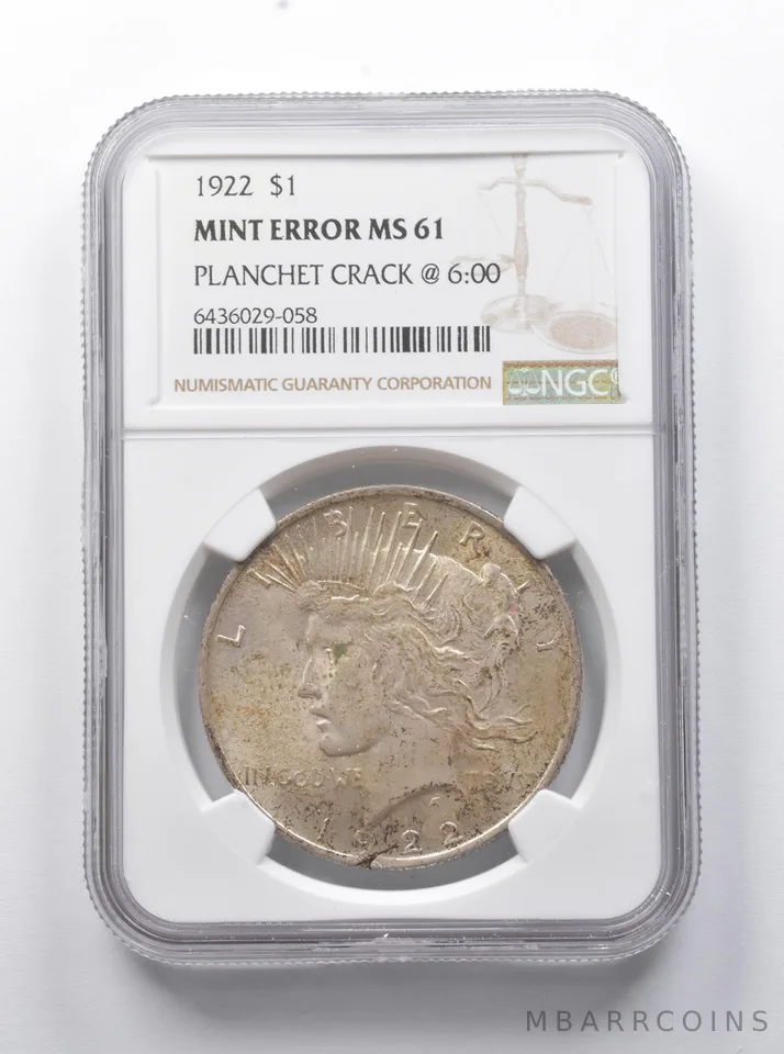 Error MS61 1922 Peace Silver Dollar Planchet Crack @ 6:00 NGC *7912