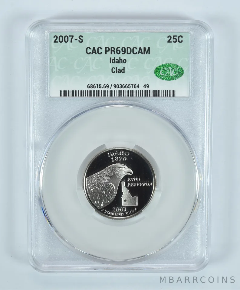 2007-S Washington State Quarter Idaho CLAD PR69 DCAM CAC CACg